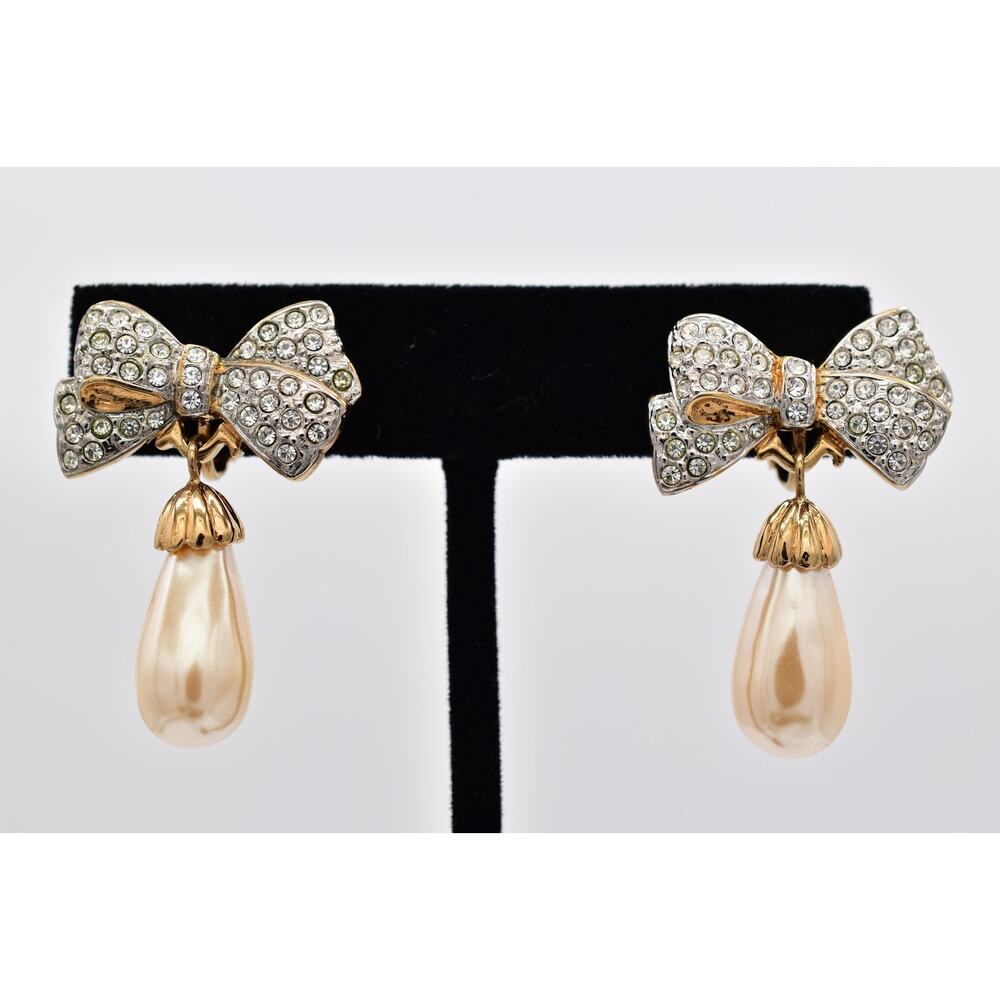 Carolee Vintage Bow Pearl Drop Clip On Earrings Rhinestone Gold Signed BinAI